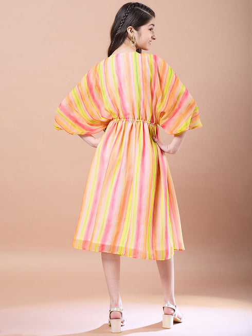 Girls Striped Georgette V-Neck Kimono Sleeves A-Line Midi Dress